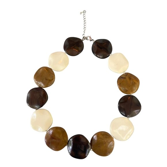 Vintage Acrylic Flat Wavy Round Bead Necklace Brown Cream Silver Tone Adj 17" - Picture 1 of 4